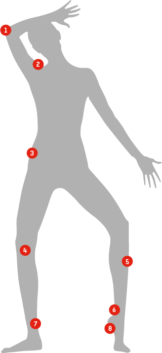 Menselijk lichaam met aanduidingen waarvoor shockwave kan gebruikt worden